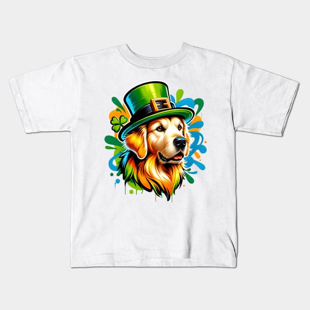 Golden Retriever Celebrates Saint Patrick's Day Joyfully Kids T-Shirt by ArtRUs